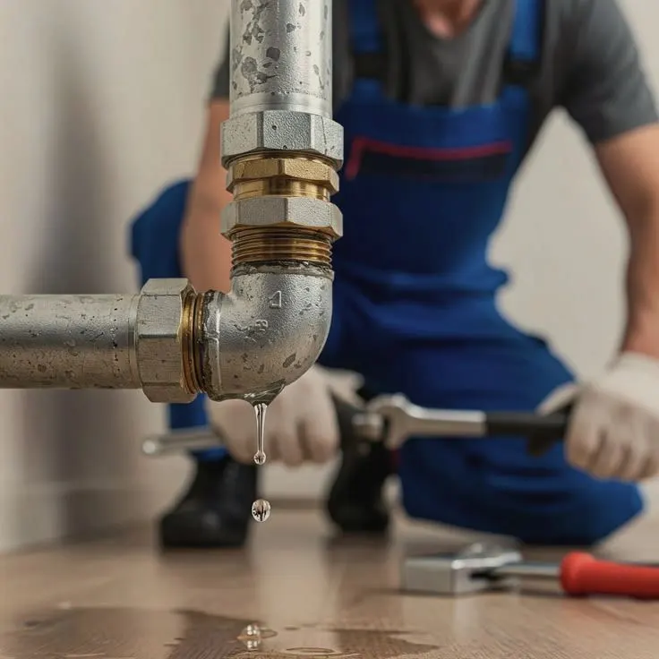 Agua goteando de una unión de tubería mientras un plomero trabaja