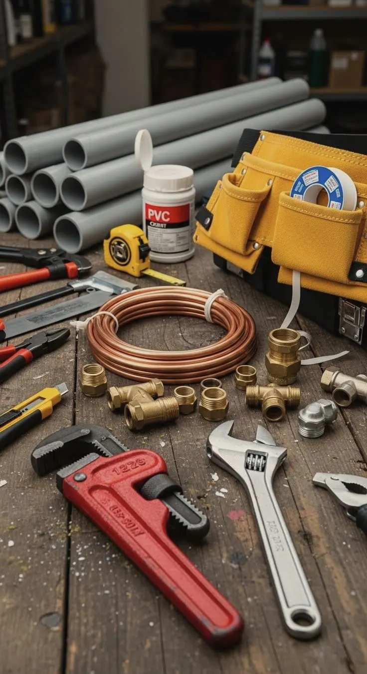 Outils de plomberie, tube cuivre et raccords sur un établi